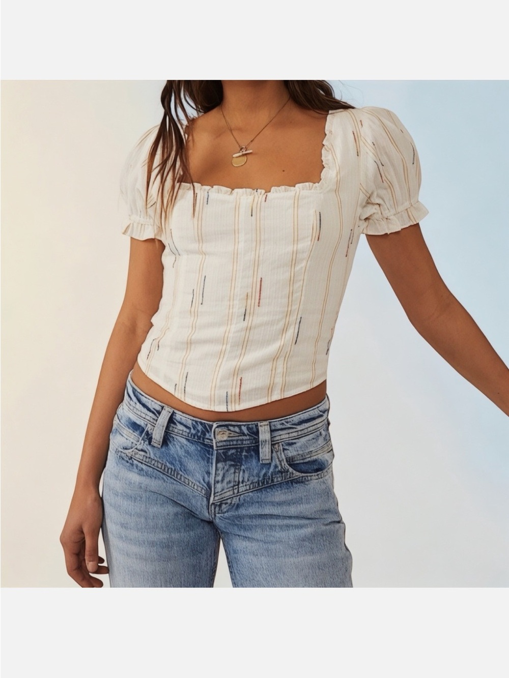 Free People Ivory Puff Sleeve Square Neck Crop Top with Subtle Stripes